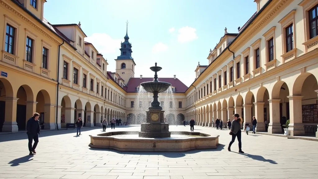 Town square in a Moravian city with historic architecture and locals gathering around a fountain on a sunny afternoon
