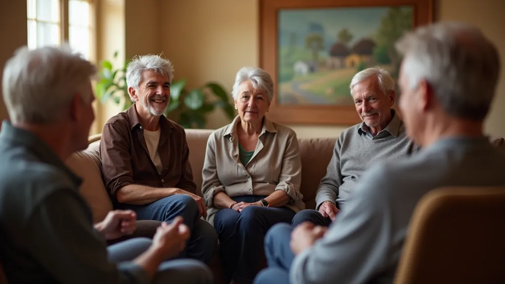 Group of diverse middle-aged people sitting together in a community center circle, smiling and engaged in conversation