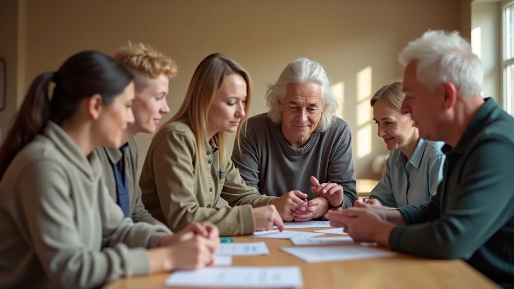 Community volunteers of different ages working together on community project, showing intergenerational mentorship and volunteer collaboration