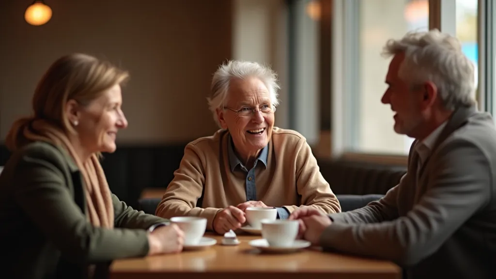 Small group of people sitting at a café table, enjoying coffee and conversation together in a warm, welcoming space