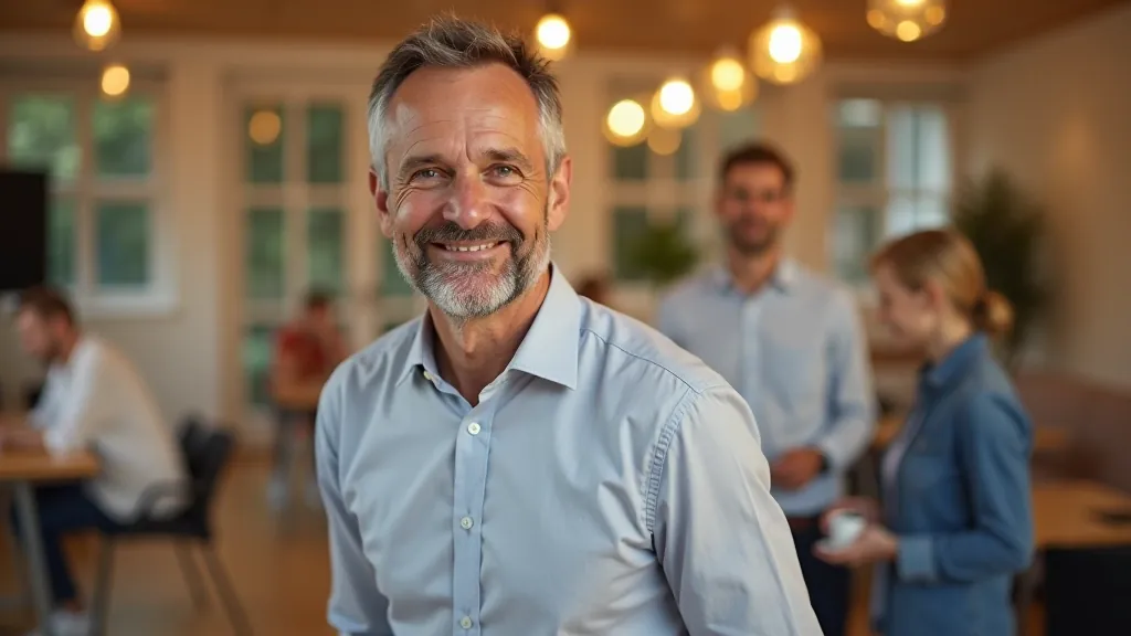 Mature professional man in his early fifties, fully clothed in casual button-up shirt, smiling while helping younger people with volunteer work in a community setting
