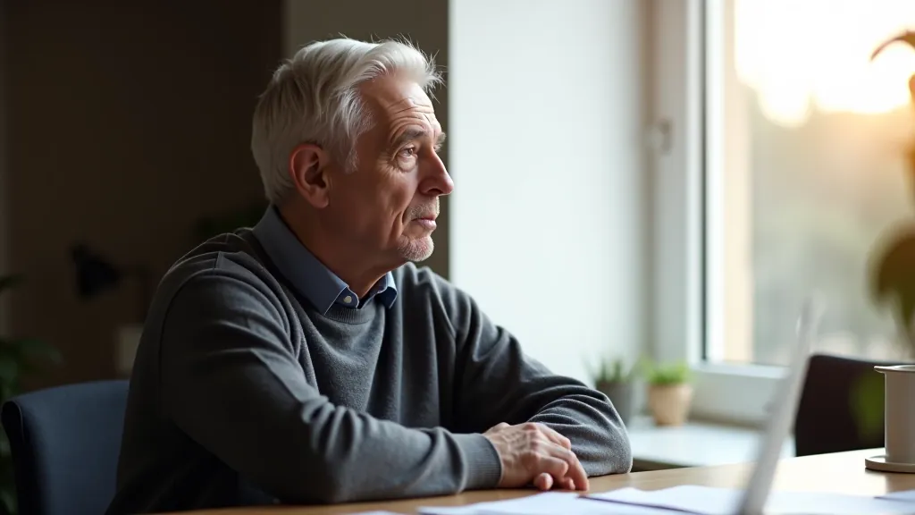 Person at desk looking thoughtfully out a window, contemplating career decisions