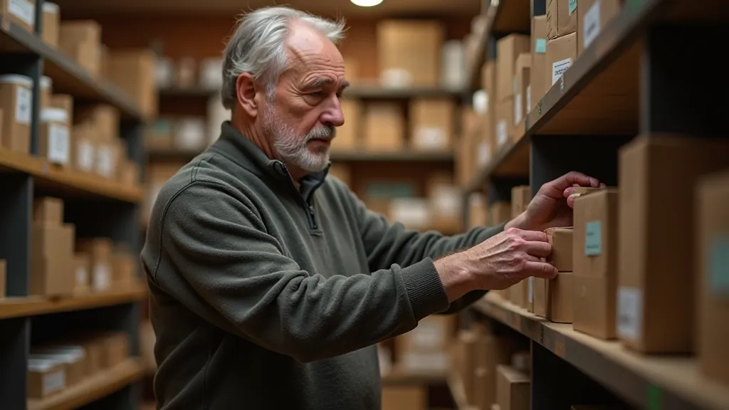 Older adult volunteer helping at a community distribution center, smiling while organizing supplies