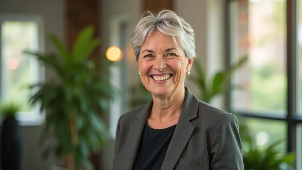 Mature professional woman in modern office environment, representing second act career coaching and mentorship