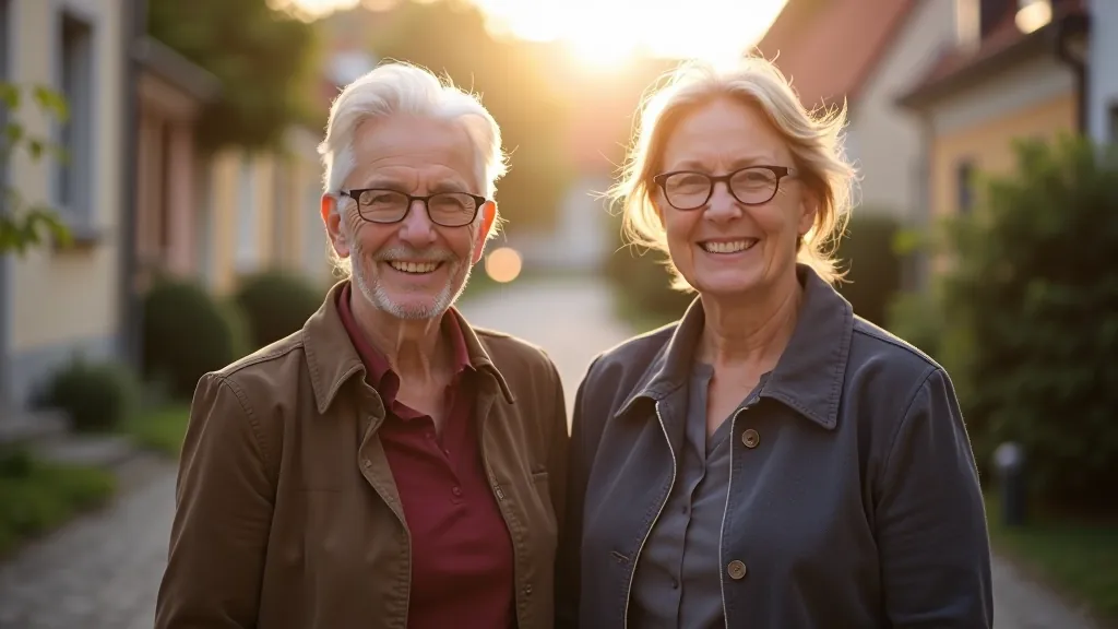 Two colleagues aged 50 plus in casual professional clothing, outdoor community setting