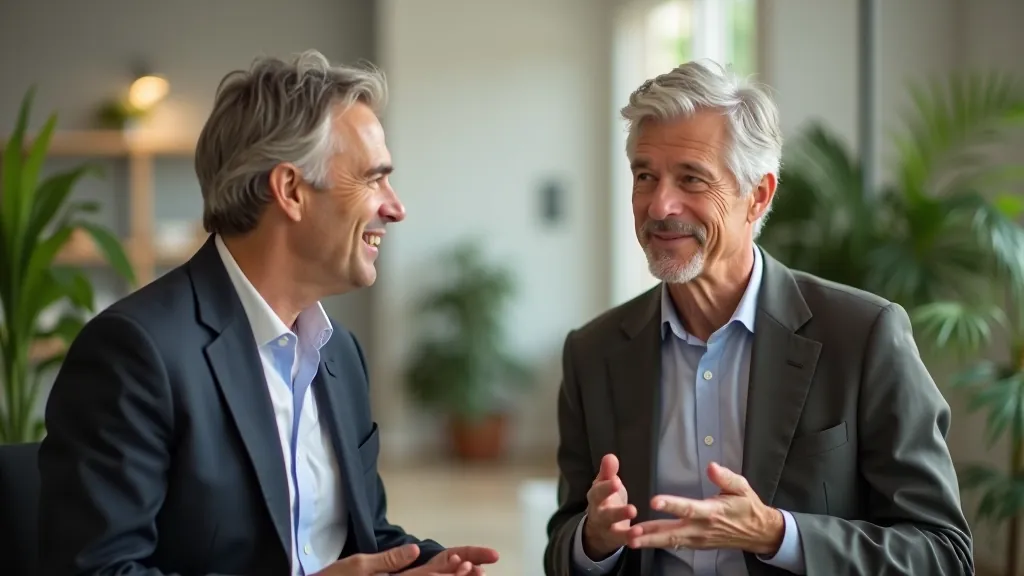 Two professionals aged 50 and 52, one teaching the other something, both smiling and engaged, seated at a table with papers and coffee cups