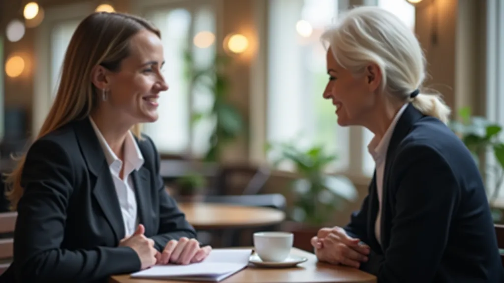 Two professionals in mentoring conversation, seated in bright modern office setting