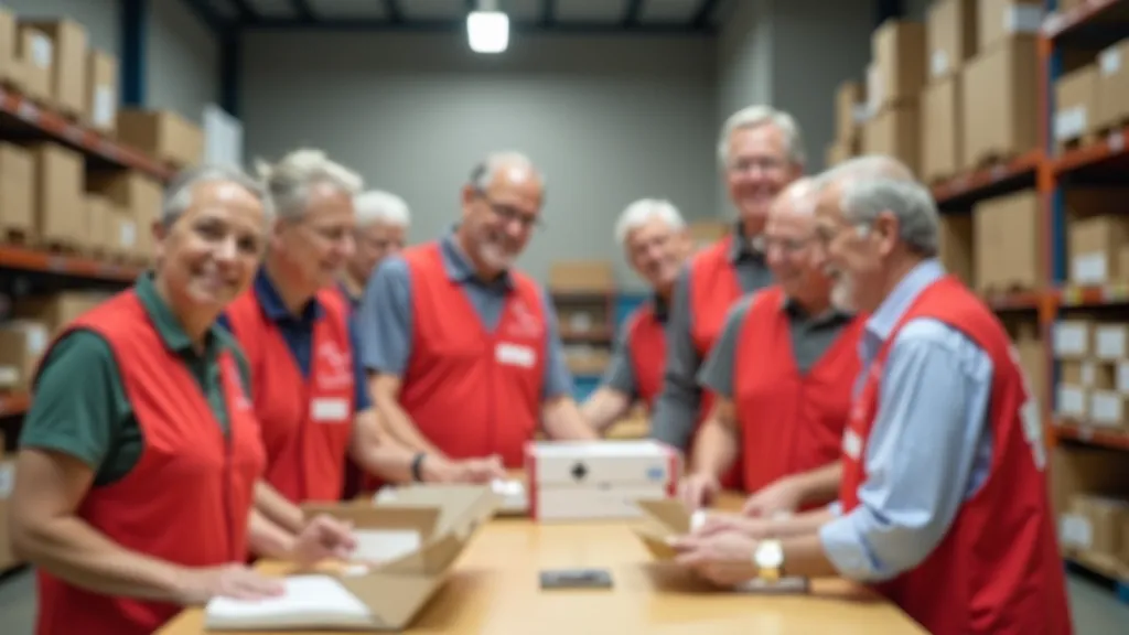 Red Cross volunteers in red vests sorting and packing food supplies in a warehouse, bright organized space