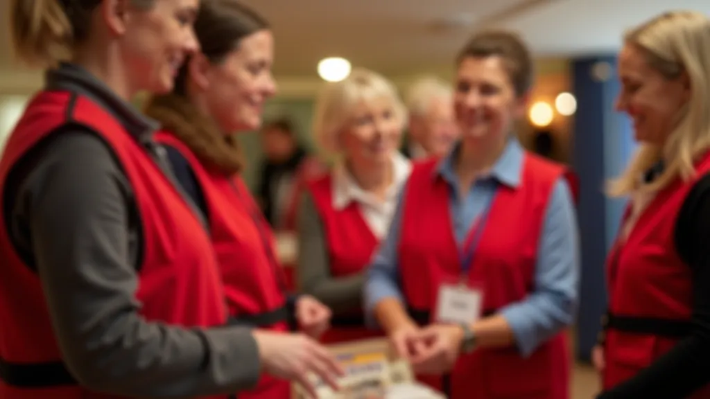 Volunteers wearing red vests distributing supplies at a community center event in Czech Republic