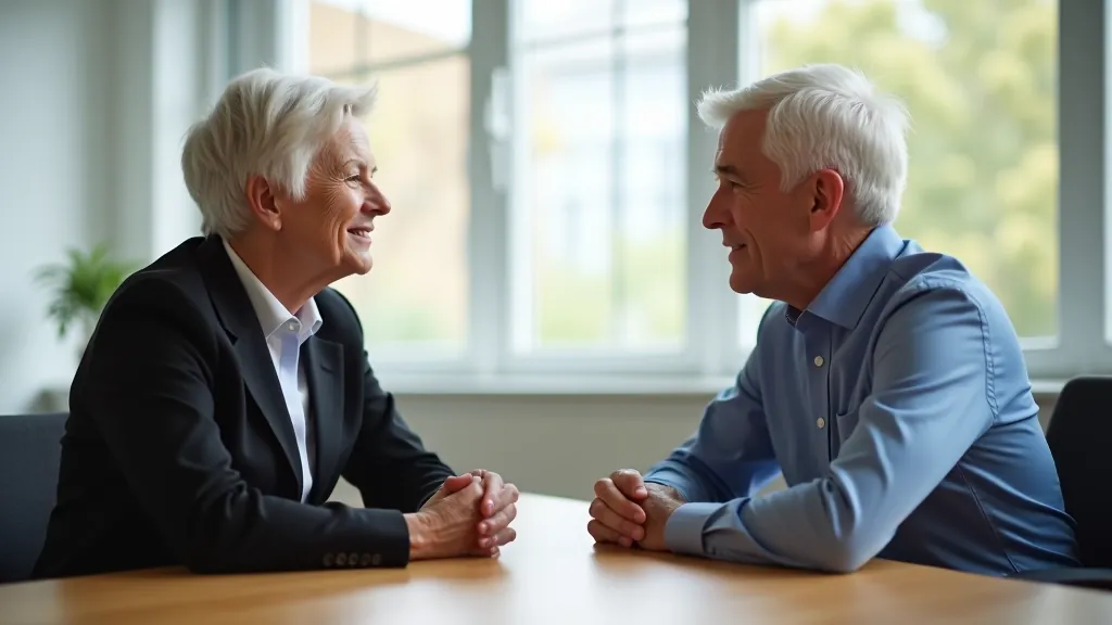 Two colleagues having a mentoring conversation in a modern office setting with natural window lighting