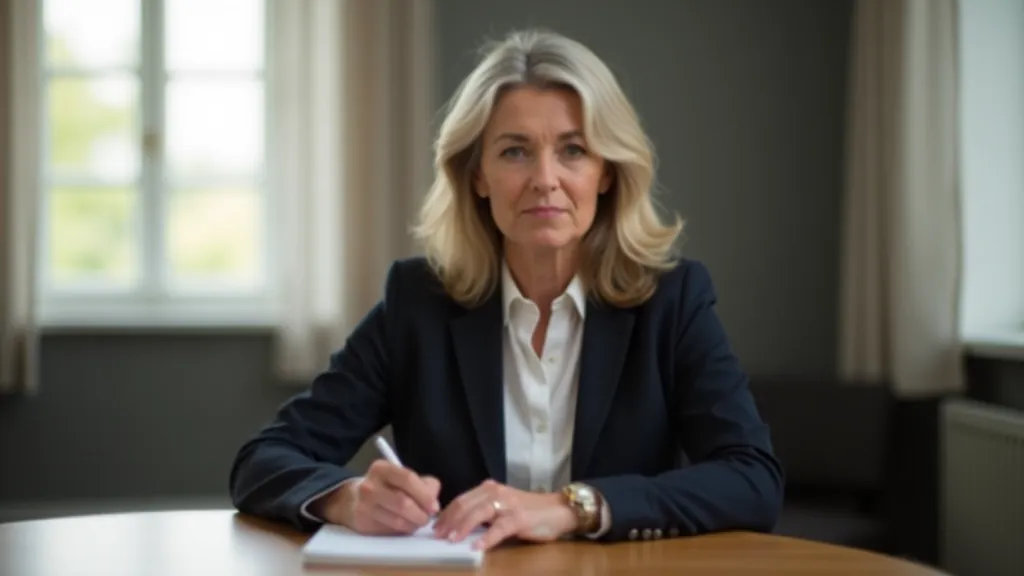 Professional woman in her fifties sitting at a desk with a notebook and pen, thinking thoughtfully with natural sunlight illuminating her face