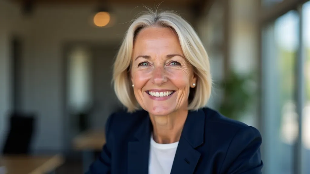 Woman aged 60 in professional attire, portrait shot in bright office environment