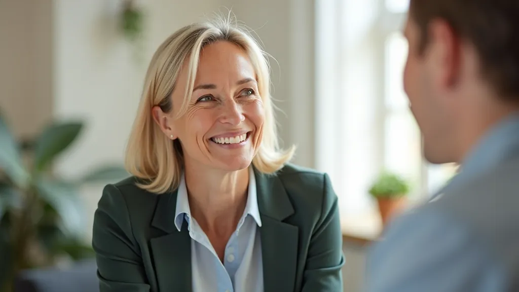 Professional woman in her 50s smiling during a coaching session in a bright office